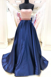 Simple Royal Blue Satin A Line Long Prom Dresses with Pockets DMS81